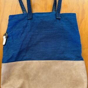 Bass two-tone denim and faux leather tote bag.